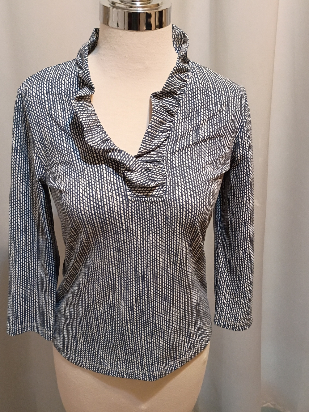 J. McLaughlin Navy and White Ruffle V-Neck Blouse